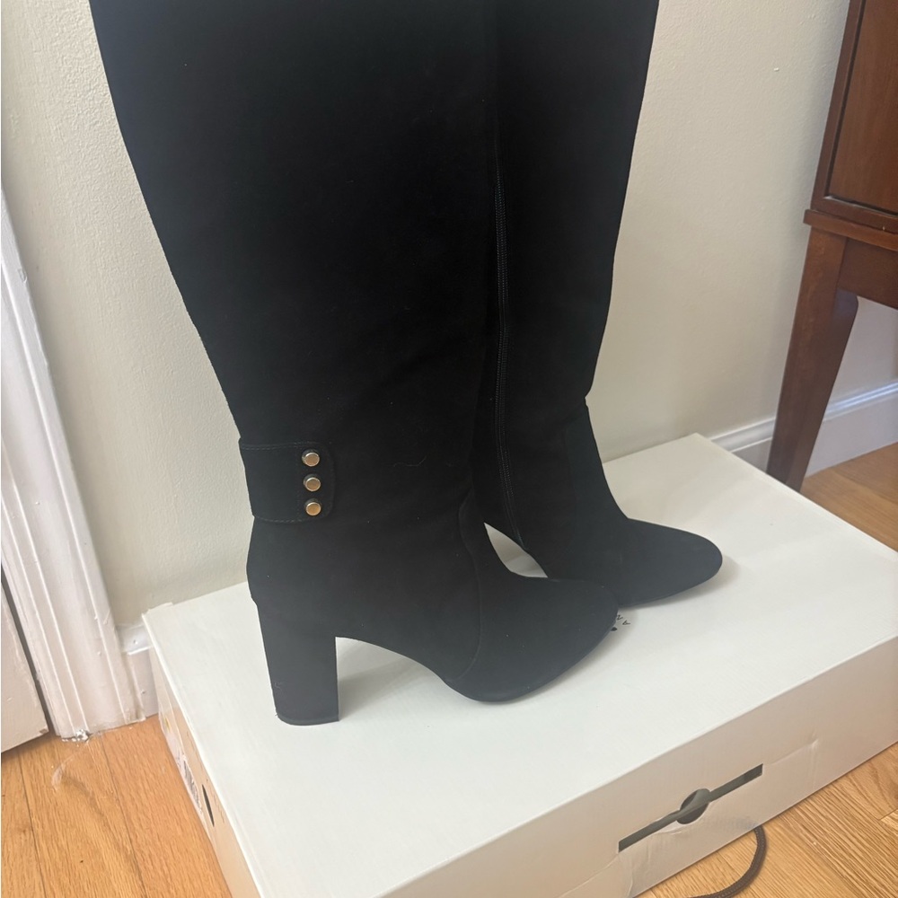 Ann Taylor Black Heeled Boots with Gold Accents